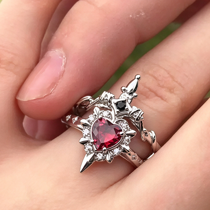 Gothic Heart Gem 2-in-1 Open Ring, Sword Design Twisted Band Rings, Dark Romantic Rings for Couple