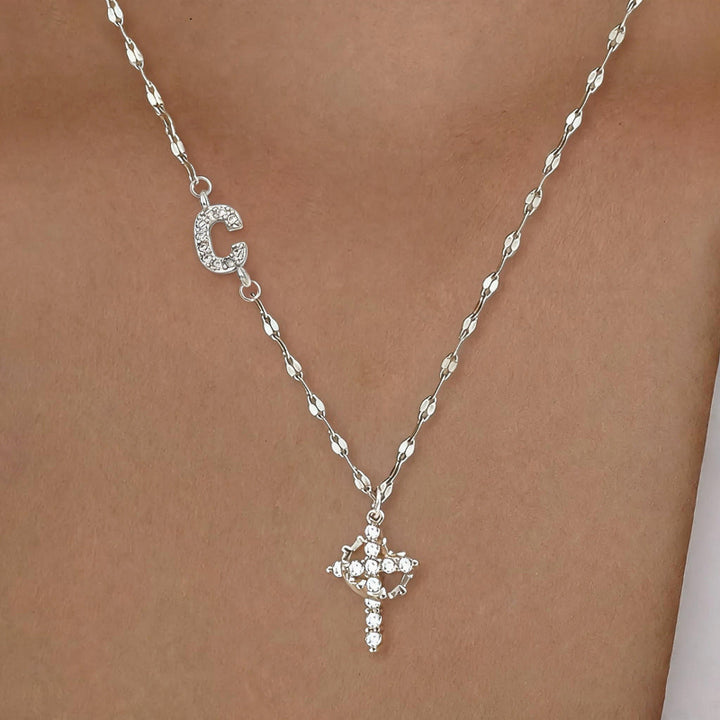 Personalized Initial Diamond Cross Necklace, 2 Tone Letter Sparkle Collarbone Jewelry