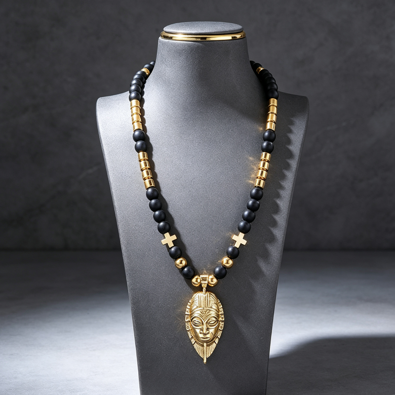 Black Onyx Gold Mask Necklace, Pendant Beaded Stackable Sweater Chain Jewelry