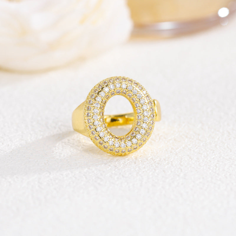 Adjustable Open Iced‑Out Initial Letter Diamond Ring, 26‑Alphabet Statement Unique Style Ring