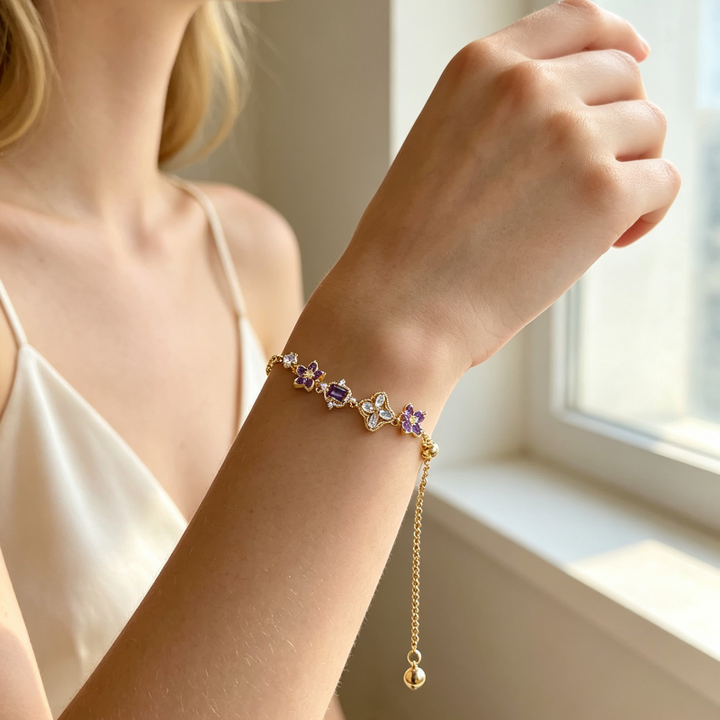 Purple Floral Gem Slider Adjustable Bracelet, Gold Silver Dainty Stackable Wrist Chain