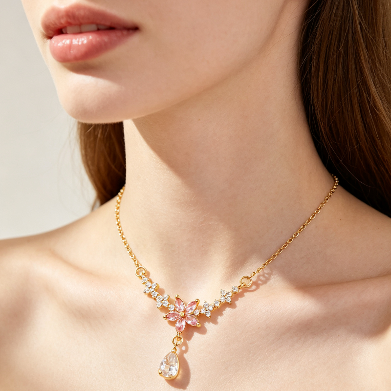 V-Shape Floral Star Teardrop Diamond Necklace, Dainty Collarbone Chain