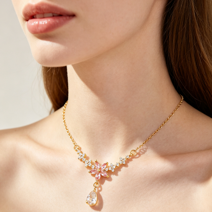 V-Shape Floral Star Teardrop Diamond Necklace, Dainty Collarbone Chain