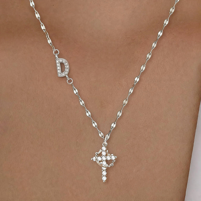 Personalized Initial Diamond Cross Necklace, 2 Tone Letter Sparkle Collarbone Jewelry