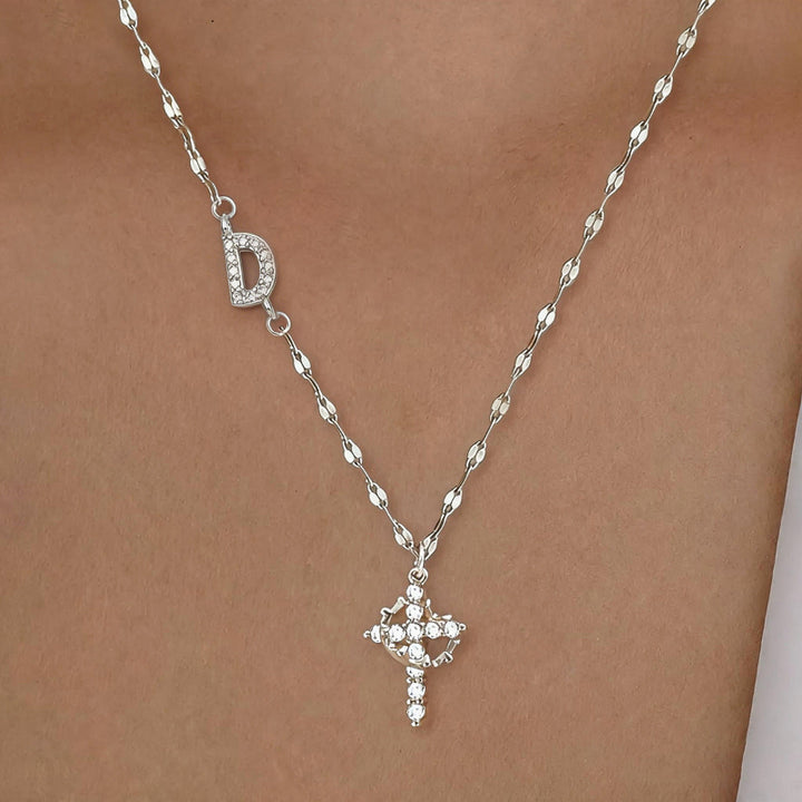 Personalized Initial Diamond Cross Necklace, 2 Tone Letter Sparkle Collarbone Jewelry