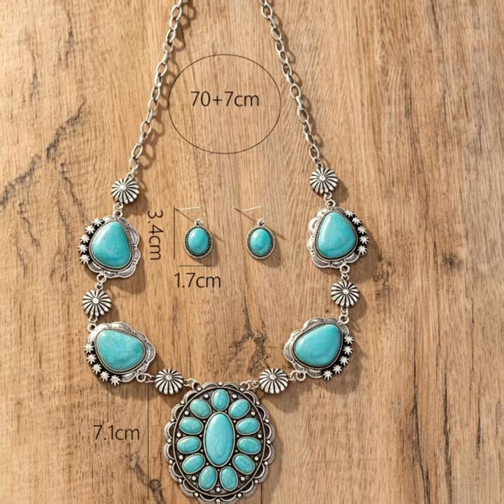 Western Vintage Turquoise Gemstone Jewelry Set, Antique Silver Floral Carved Necklace & Drop Earrings Boho