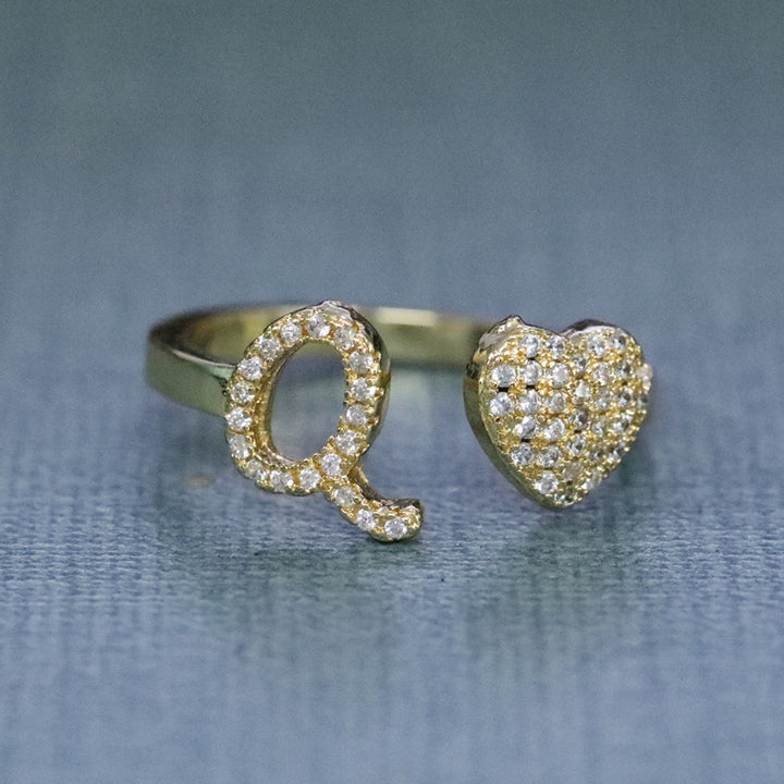 26‑Letter Open Cuff Ring, Paved Diamond Initial &amp; Heart Adjustable Statement Ring