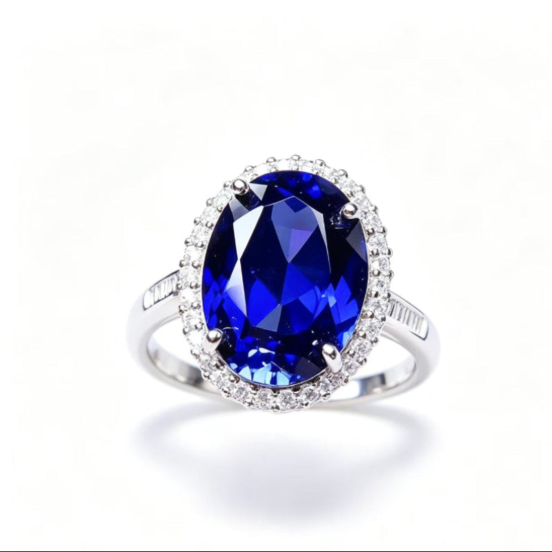 Oval Royal Blue Gemstone Adjustable Open Ring, Sparkling Pave‑Set Diamond Women’s Cocktail Ring