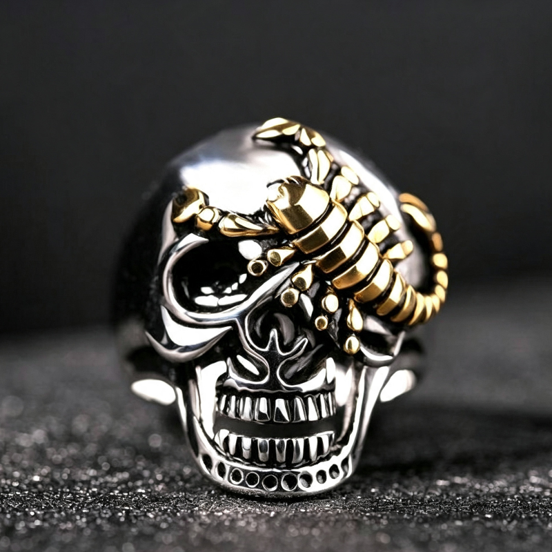 Two‑Tone Scorpion Skull Statement Ring, Retro Gothic Biker Men’s Ring