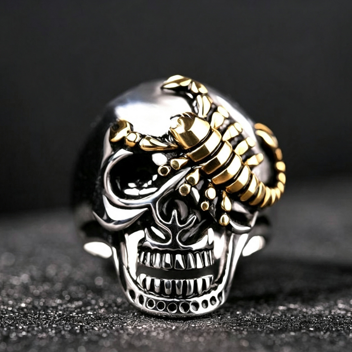 Two‑Tone Scorpion Skull Statement Ring, Retro Gothic Biker Men’s Ring