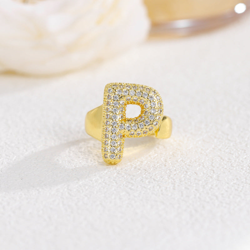 Adjustable Open Iced‑Out Initial Letter Diamond Ring, 26‑Alphabet Statement Unique Style Ring