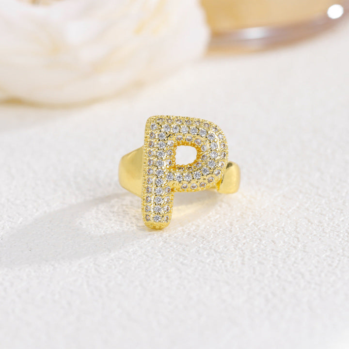 Adjustable Open Iced‑Out Initial Letter Diamond Ring, 26‑Alphabet Statement Unique Style Ring