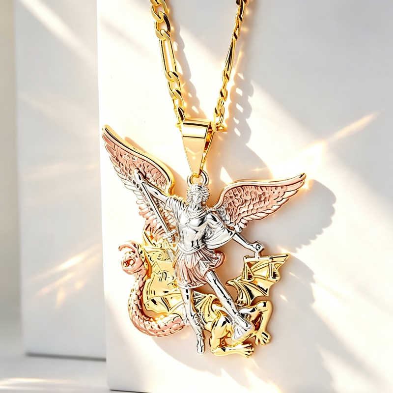 Archangel Sculpted Pendant Necklace, Embossed Wing Dragon Balance Scale Statement Men Women Street Stackable Jewelry