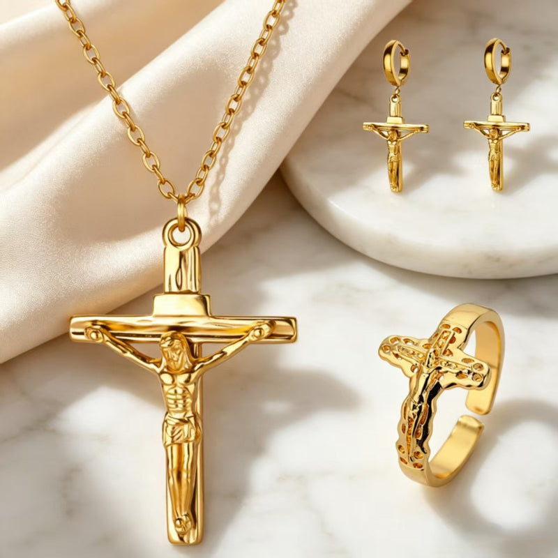 Jewelry Matching Set, Necklace Hoop Earrings Open Ring Vintage Religious Statement Stackable Accessory Kit