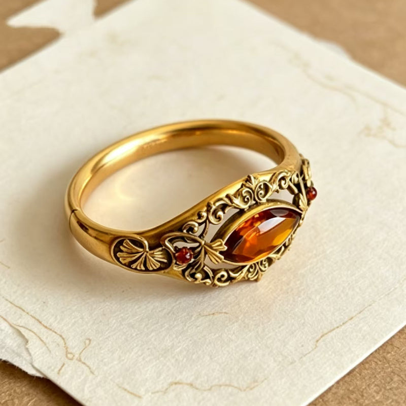 Vintage Ornate Open‑Work Gold Ring with Marquise‑Cut Amber Diamond Accents