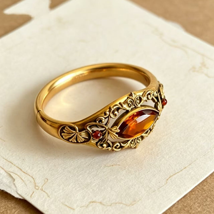 Vintage Ornate Open‑Work Gold Ring with Marquise‑Cut Amber Diamond Accents