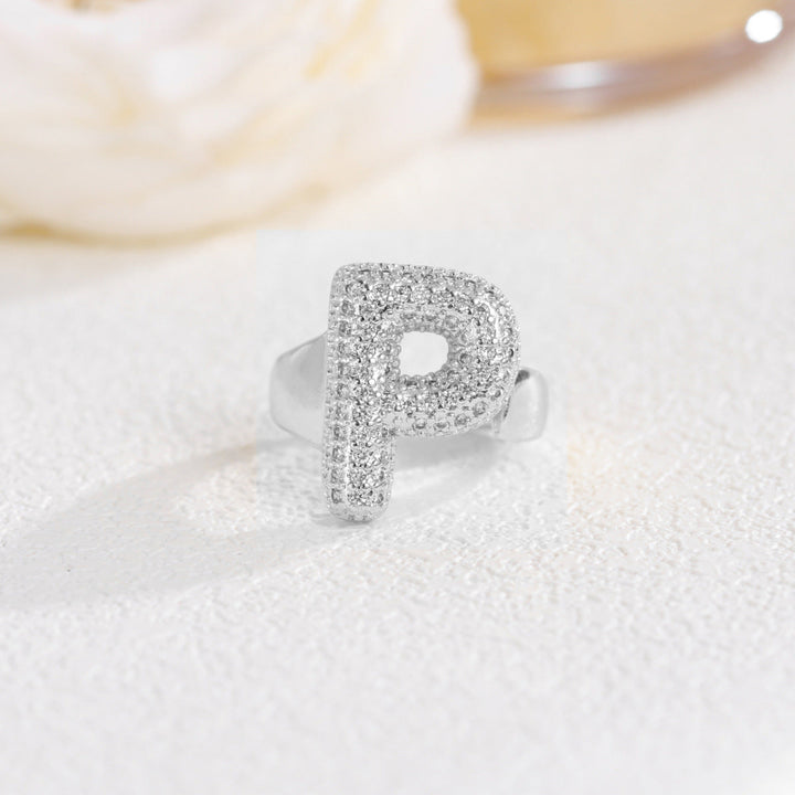 Adjustable Open Iced‑Out Initial Letter Diamond Ring, 26‑Alphabet Statement Unique Style Ring