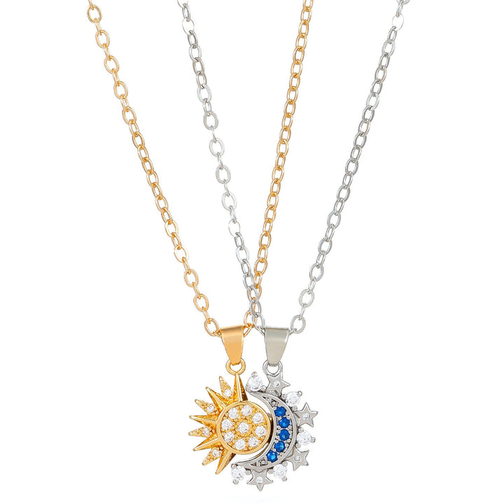 Magnetic Interlocking Sun Moon Star Couple Matching Pendant Necklace, His & Her Split Pair Spiritual Necklace