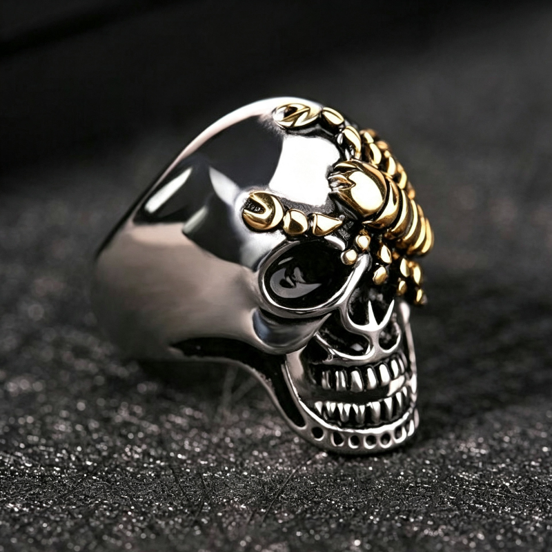 Two‑Tone Scorpion Skull Statement Ring, Retro Gothic Biker Men’s Ring