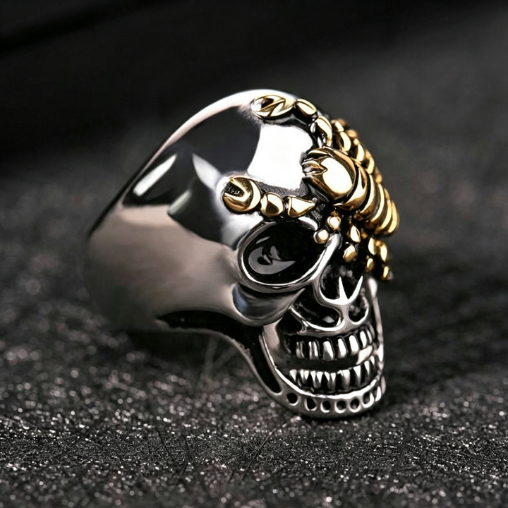 Two‑Tone Scorpion Skull Statement Ring, Retro Gothic Biker Men’s Ring