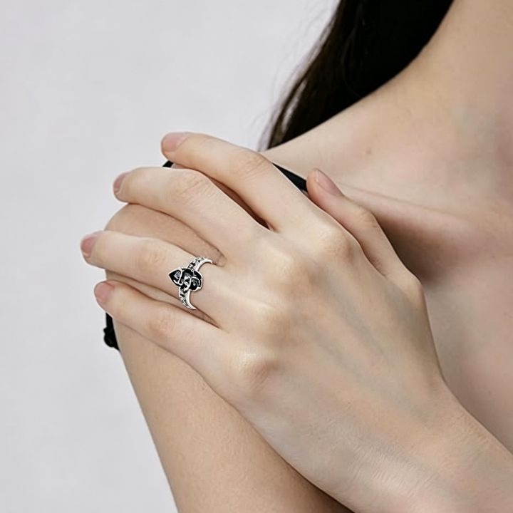 Gothic Floral Black Gemstone Statement Ring, Bohemian Vintage Floral Women&