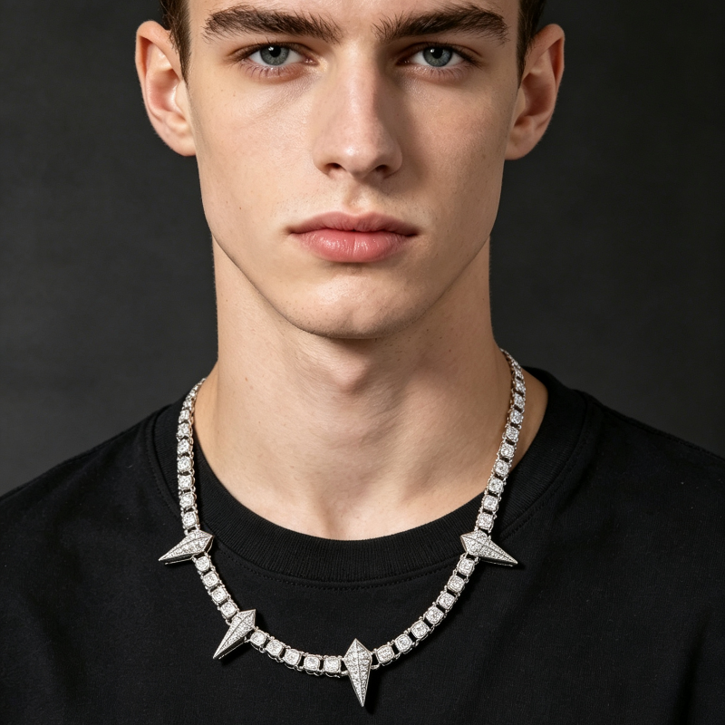 Spike Triangle Stud Tennis Chain Choker, Full Pave Diamond Edgy Rock Hip Hop Statement Necklace