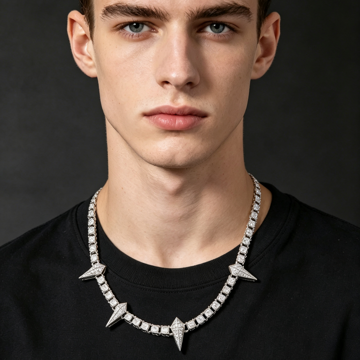 Spike Triangle Stud Tennis Chain Choker, Full Pave Diamond Edgy Rock Hip Hop Statement Necklace