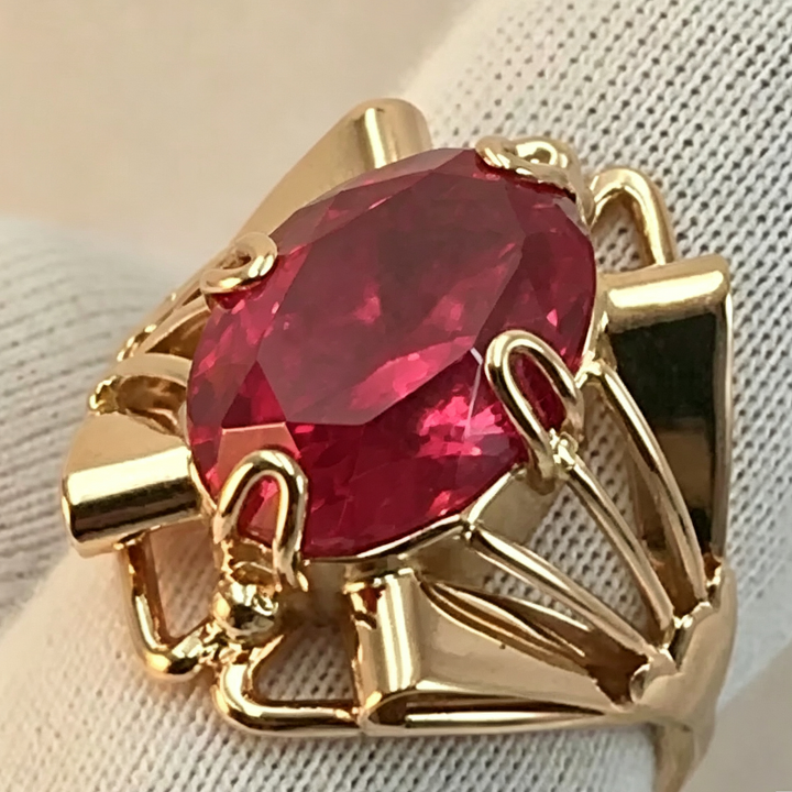 Oval Cut Rich Red Gemstone Ring, Bold Open‑Work Gold‑Tone Statement Ring for Men