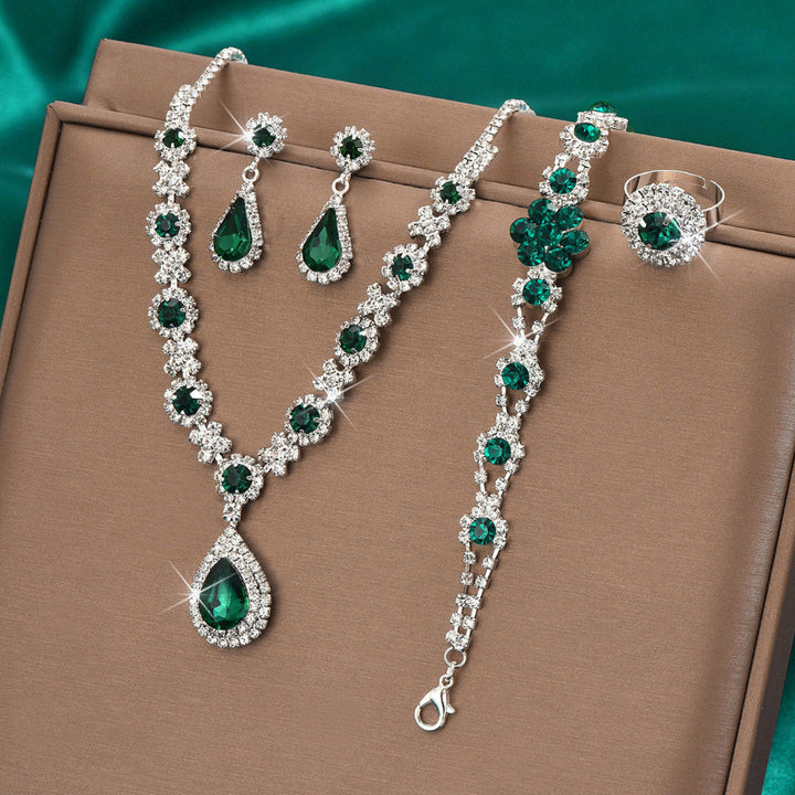 Teardrop Diamond Formal Jewelry 4Pcs Set, Necklace Earrings Bracelet Open Ring Wedding Evening