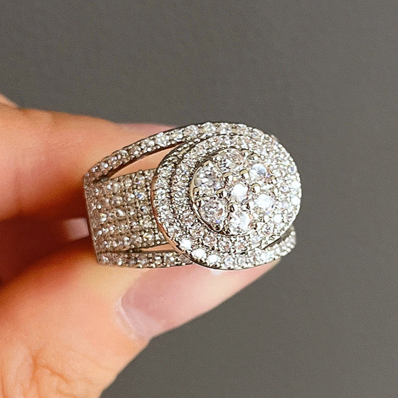 Double Halo Full Paved Stone Wide Ring, 18K Gold Silver Two Tone Statement Band