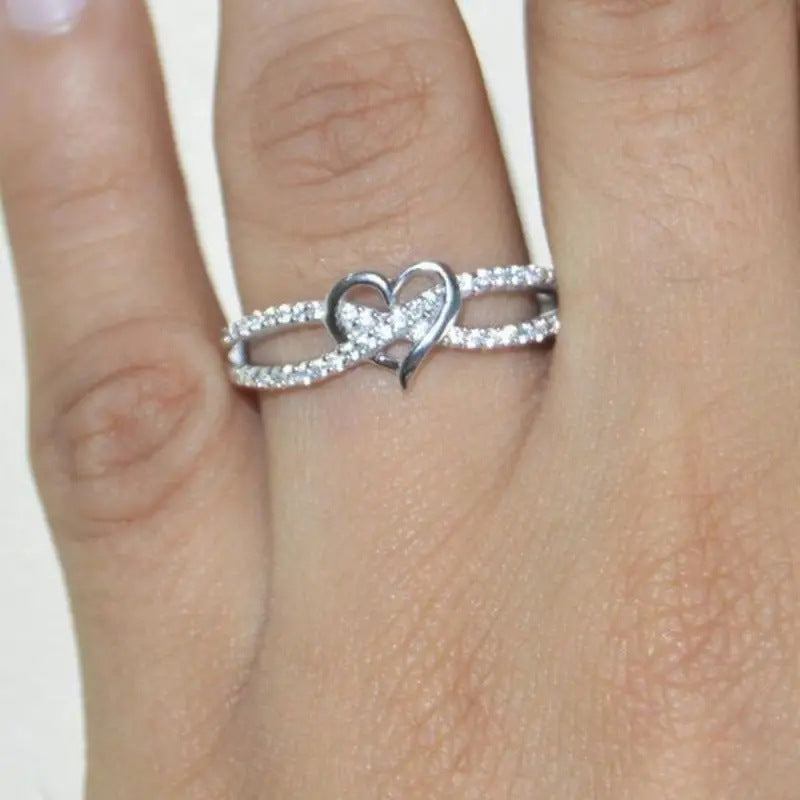 Infinity Intertwined Heart Double Pave Band Promise Ring, 2-Tone Dainty Love Stackable Ring For Women