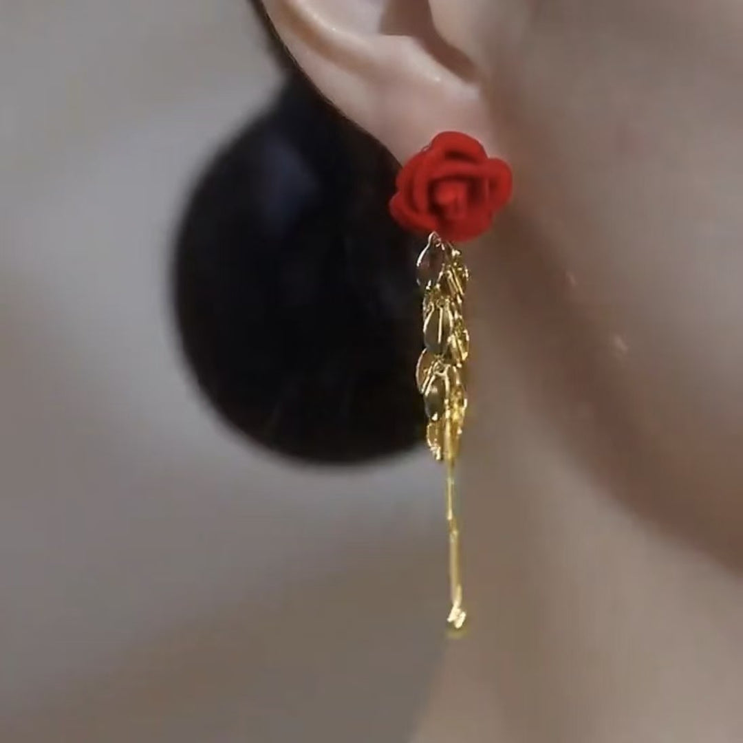 Romantic Red Rose Drop Earrings, Long Tassel Leaf Dangle Earrings for Women Party Jewelry