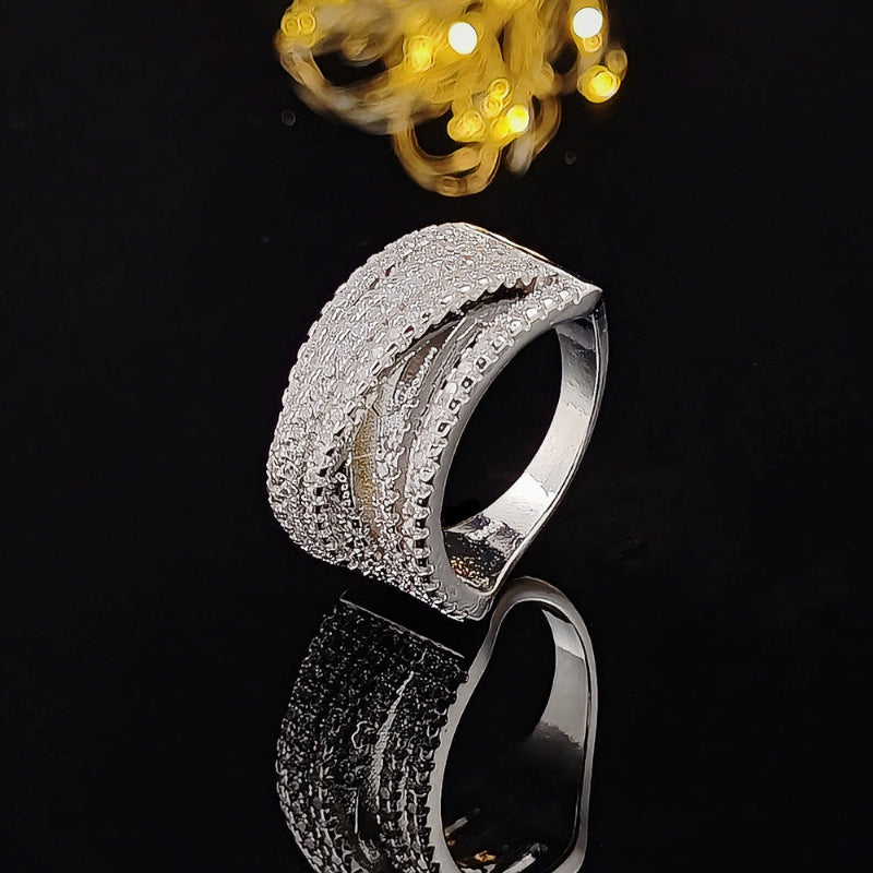 Multi-Layer Pave Curved Wide Band Diamond Statement Ring, Luxury Wavy Split Shank Ring For Women