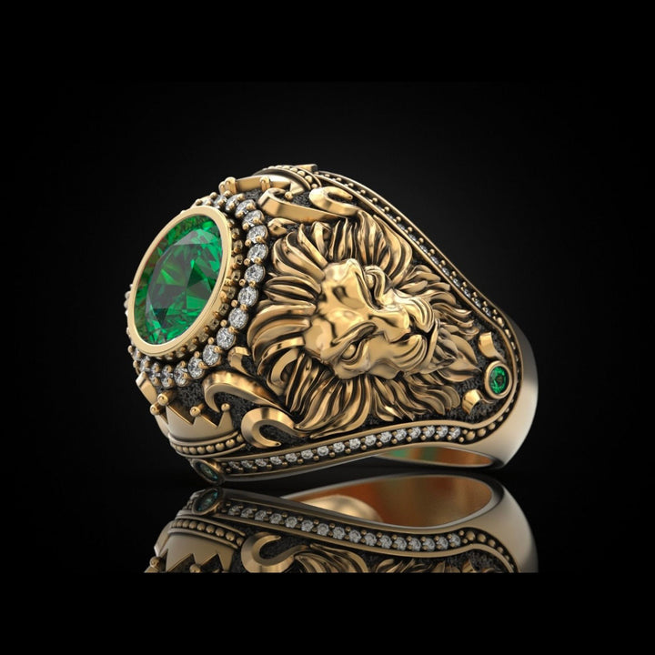 S925 &amp; 14K Lion‑Carved Gemstone Men’s Ring, Meaningful Gift For Him