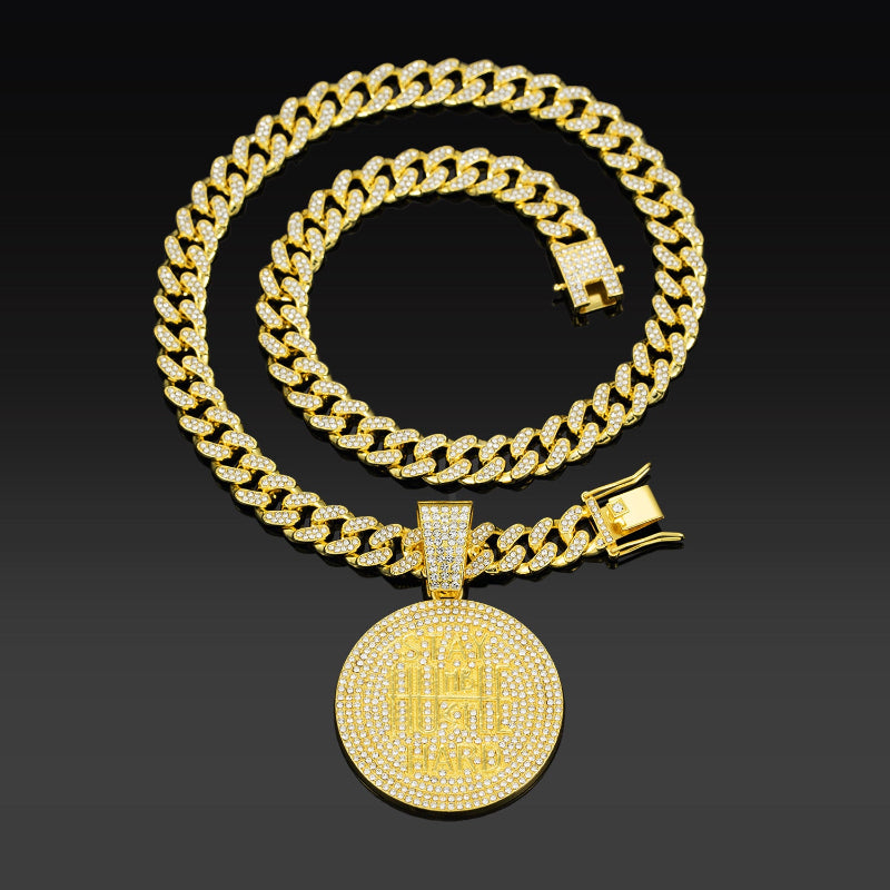 Round Diamond Pendant Cuban Chain Necklace, Unisex Hip Hop Motivational Statement Jewelry