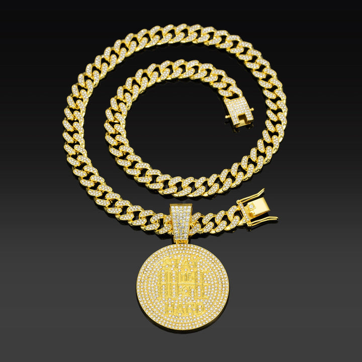 Round Diamond Pendant Cuban Chain Necklace, Unisex Hip Hop Motivational Statement Jewelry