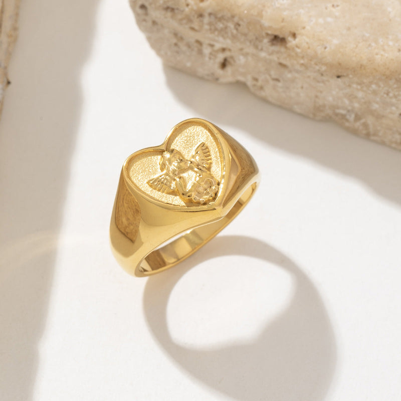 18K Gold Heart Cherub Signet Ring, Vintage Embossed Angel Love Statement Ring