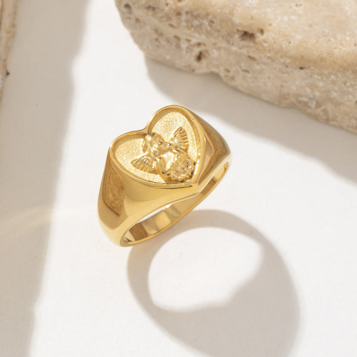 18K Gold Heart Cherub Signet Ring, Vintage Embossed Angel Love Statement Ring