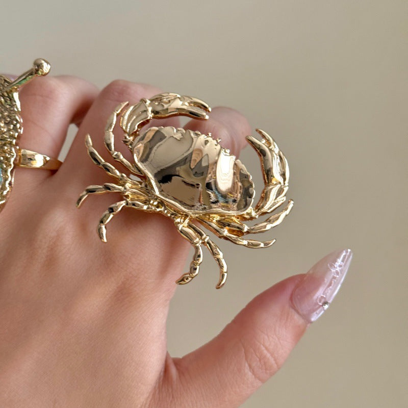2 Styles Ocean Animal Sculpted Statement Ring, 18K Gold Crab & Natural Shell Snail