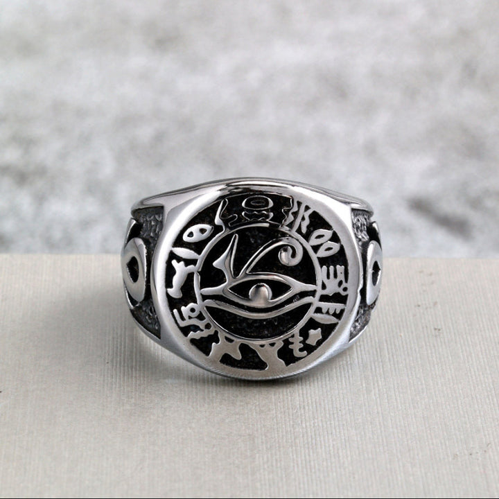 Ancient Egyptian Eye of Horus Signet Ring, Engraved Ankh Hieroglyph Unisex Symbol Ring