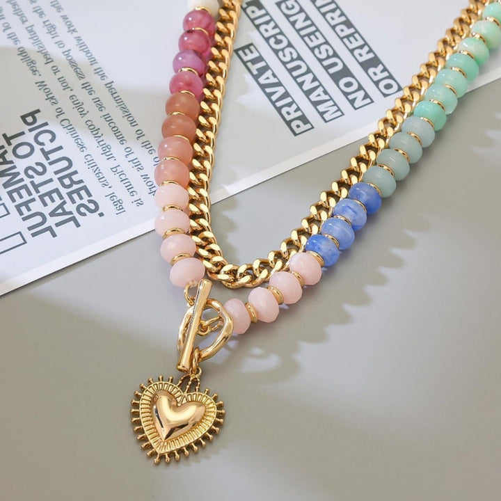 Dual Strand Gradient Rainbow Bead Choker, Starfish & Sunburst Heart Summer Vacation Layered Beach Necklace