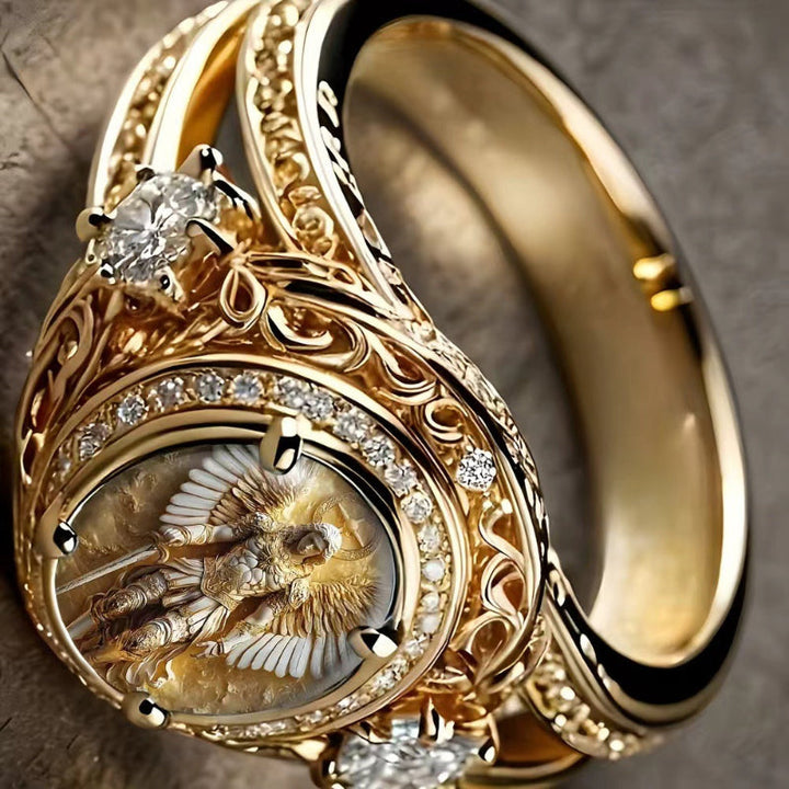 Vintage Archangel Michael Engraved Gold Ring, Ornate Filigree Diamond Statement Ring