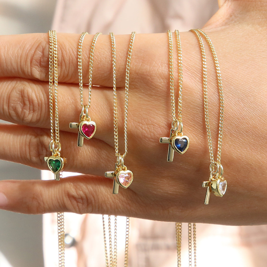 14K Cross Heart Birthstone Necklace, Ideal for Gifting and Everyday Daily Wear
