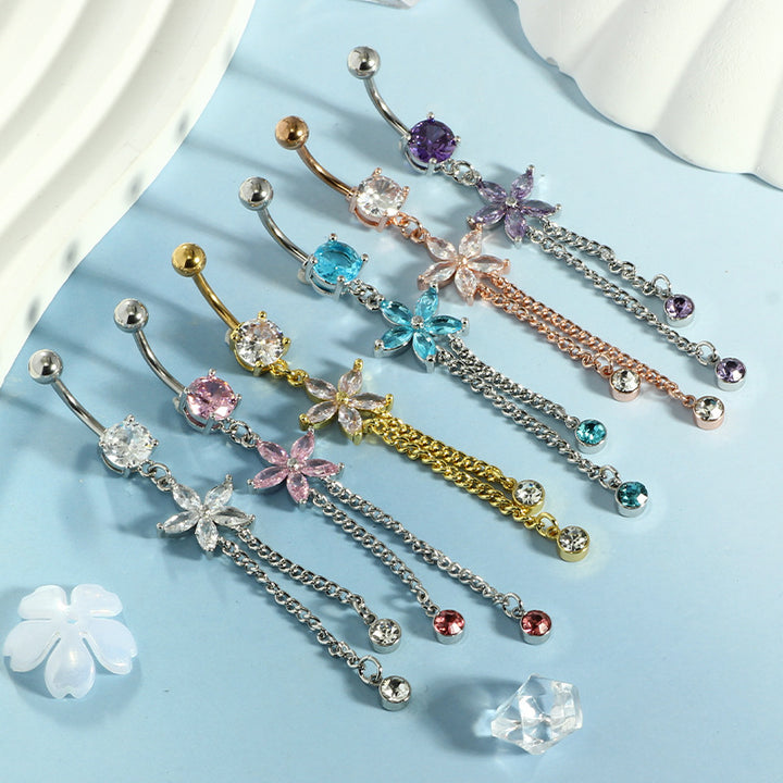 Multi‑Color Star Gem & Diamond Dangle Belly Button Rings, Tassel Chain Drop Navel Piercing Jewelry Set
