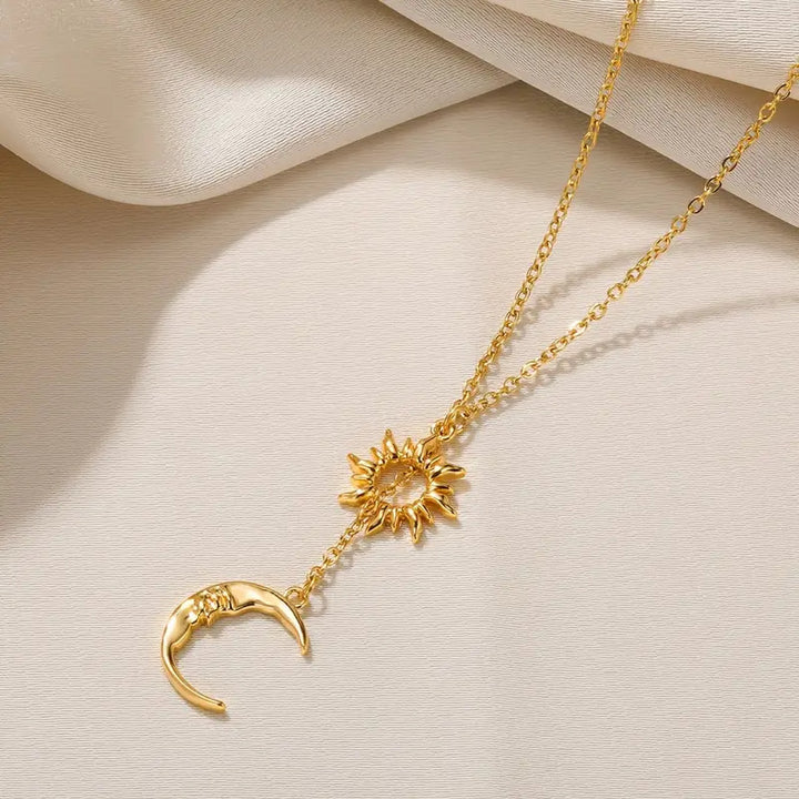 Sun & Engraved Face Moon Lariat Drop Necklace, Gold Silver Celestial Matching Couple Best Friend Layer Pendant