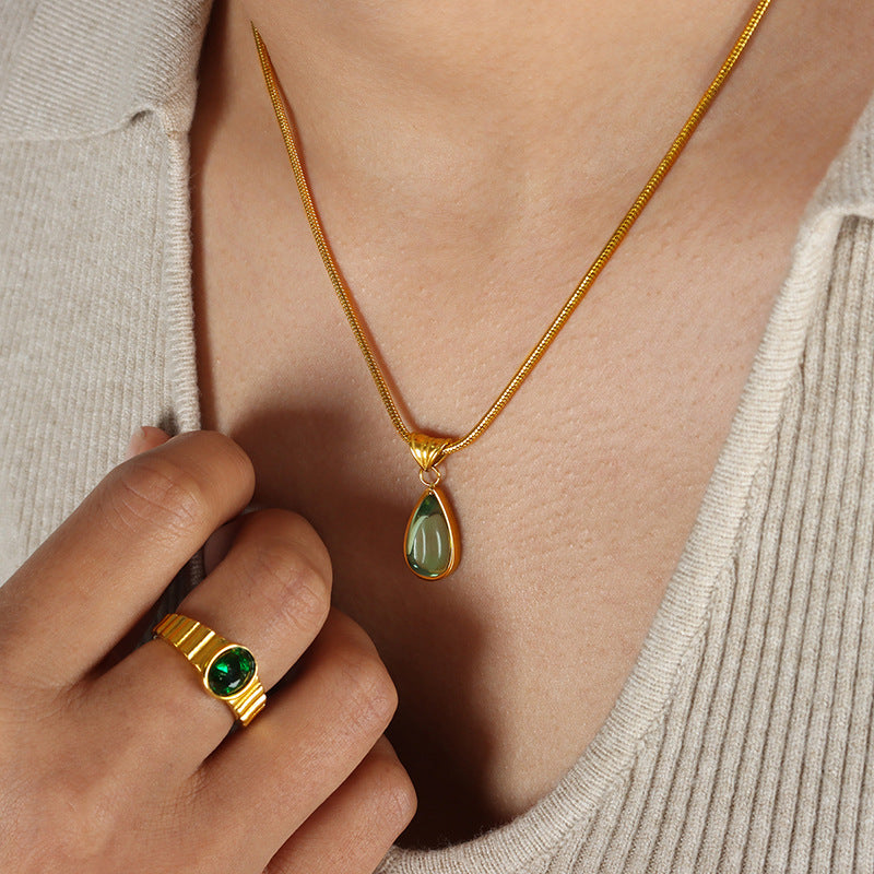 Teardrop Cabochon Gem Snake Chain Pendant Necklace, 2 Tone Calm Tone Minimal Jewelry
