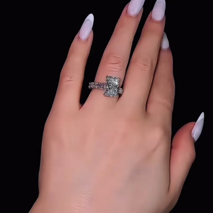 Radiant Cut Diamond‑Style Halo Ring, Full Pave Band Women Statement Promise Ring