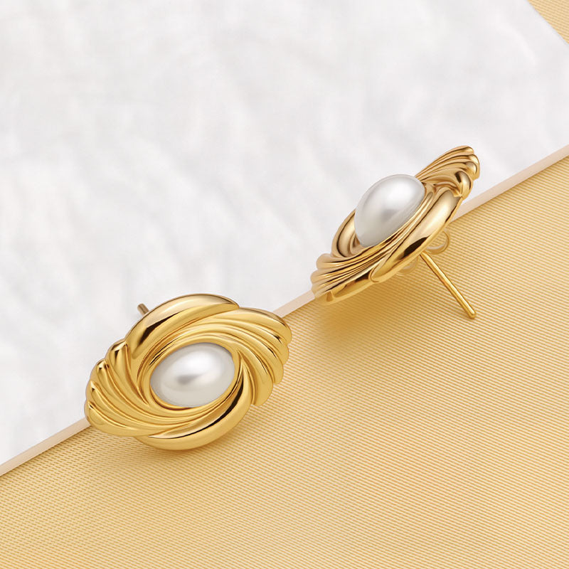 18K Gold Swirl Pearl Stud Earrings, Abstract Twisted Minimalist Earrings