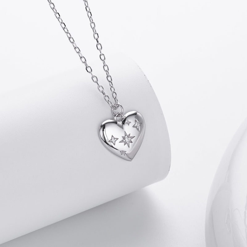 Star Engraved Puffy Heart Pendant Necklace, Dainty Celestial Collarbone Chain