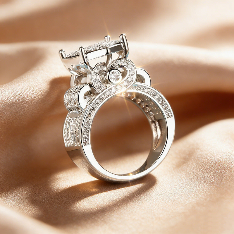 Micro-setting Diamond Heart Split Shank Statement Ring, Bold Luxury Romantic Fine Jewelry